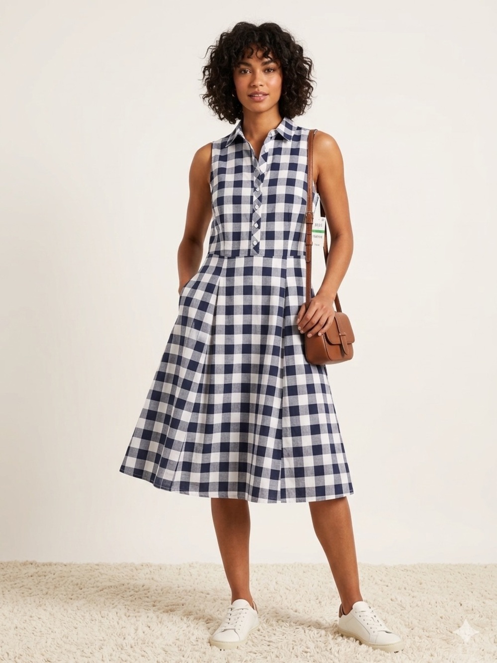 NWT Maison Jules Navy Blue Gingham Plaid Sleeveless Shirtdress Large